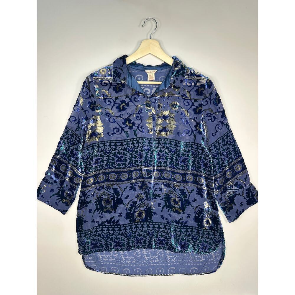 Sundance Navy Burnout Velvet Tunic Top with 3/4 Sleeves Size Medium